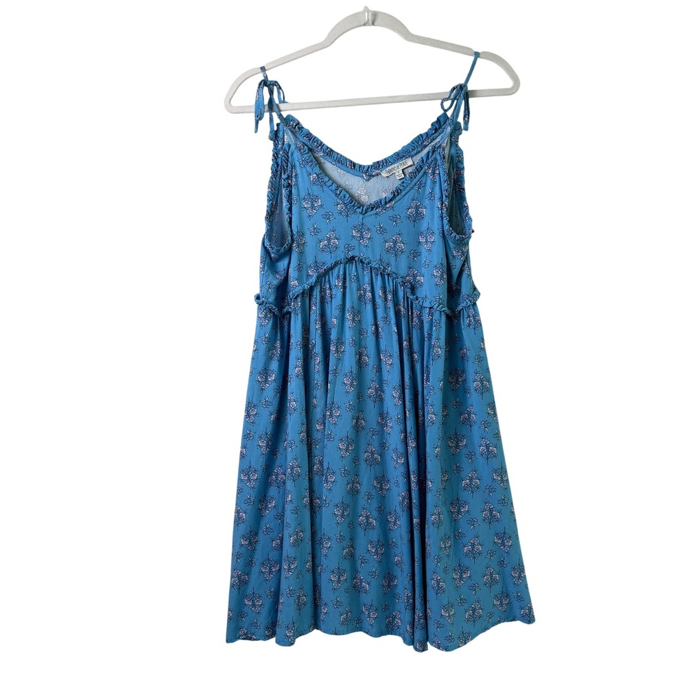 Patrons of‎ Peace Babydoll Dress Women S Blue Floral Tie Shoulder Ruffle Rayon